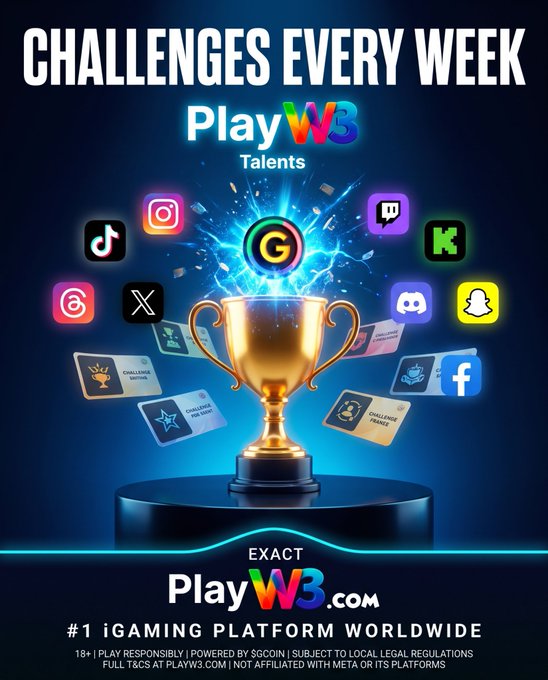 An advertisement for PlayW3.com, marketed as the '#1 iGAMING PLATFORM WORLDWIDE,' featuring a golden trophy surrounded by social media and gaming platform logos.
