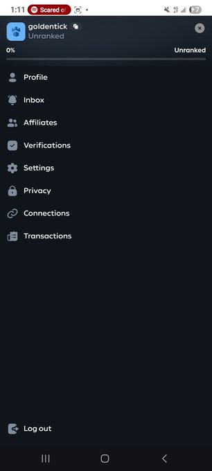 Mobile screenshot of the Telegram app showing a user profile menu for 'goldentick' with options including Profile, Inbox, Affiliates, Verifications, Settings, Privacy, Connections, Transactions, and Log out.