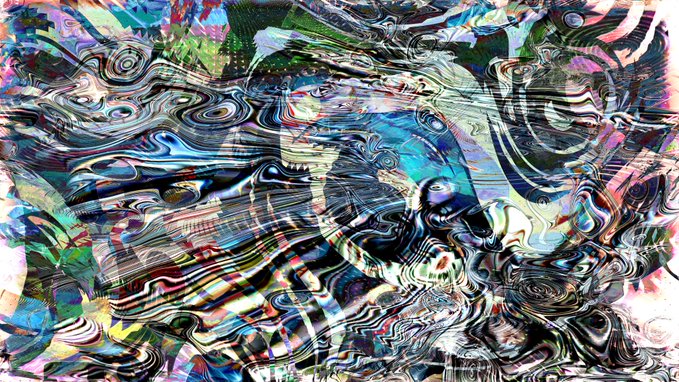 An abstract, surreal digital artwork characterized by swirling, distorted patterns and vibrant colors, appearing AI-generated.