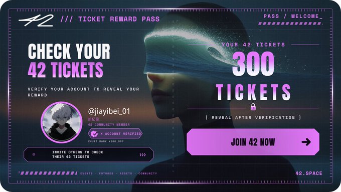 A futuristic digital ticket reward pass from 42 Space displays a verification screen showing "@jiayibei_01" has earned 300 tickets, with a "JOIN 42 NOW" call-to-action button, tied to the post's discussion of 42 Space's Welcome Gift campaign aimed at driving user engagement and retention beyond initial sign-ups.