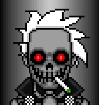 A pixel art illustration depicts a gray skeleton with spiky white hair, glowing red eyes, and a cigarette hanging from its mouth against a gray gradient background.