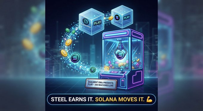 A vibrant digital illustration shows glowing arcade claw machines and floating Solana ("S") and PLAY tokens, with the text "DUALMINT RWA PRESENTS PLAY - 200 MACHINES LIVE" and the tagline "STEEL EARS IT. SOLANA MOVES IT." — visually reinforcing the post's theme of tokenizing real-world claw machine revenue on the Solana blockchain.