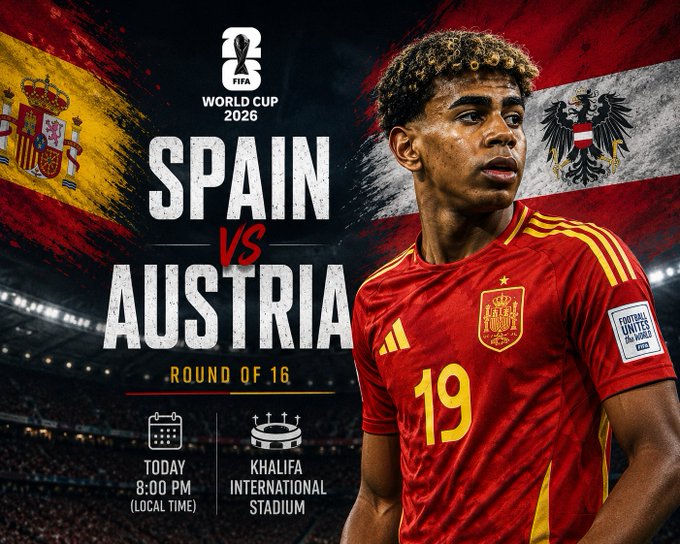 Promotional graphic for the FIFA World Cup 2026 Round of 16 match between Spain and Austria at Khalifa International Stadium, featuring Spain player #19 Lamine Yamal.