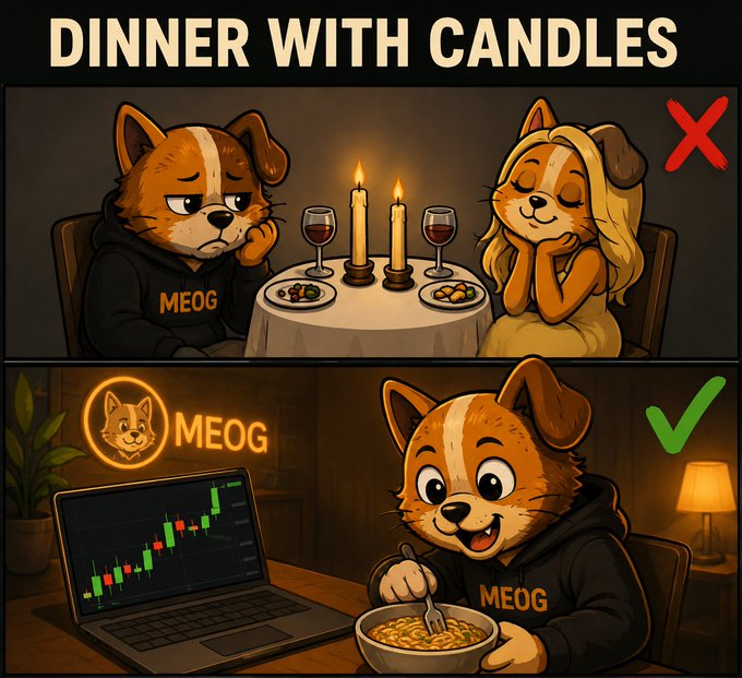 A two-panel illustration titled 'DINNER WITH CANDLES' contrasts an unhappy dog in a hoodie labeled 'MEOG' at a candle-lit dinner (marked with a red X) against a happy dog at a laptop showing trading charts and a bowl of noodles (marked with a green checkmark).