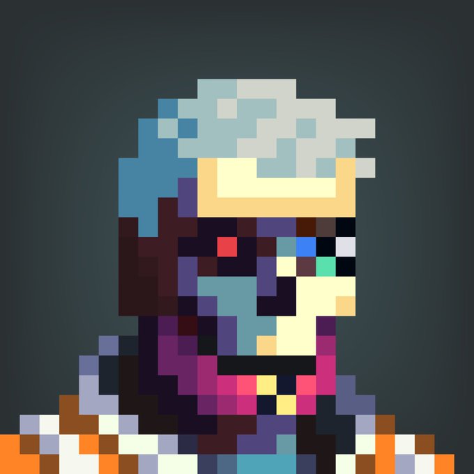 A pixel art portrait of a cyberpunk character with glowing red eyes, neon blue hair, and a dark hood, alongside a pale skull with cyan eyes—evoking the "Genuine Undead Cyberpunk" theme through its blend of futuristic neon aesthetics and undead imagery.