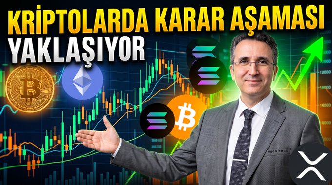 The image is a YouTube thumbnail featuring "HUGO BOSS" alongside cryptocurrency logos (Bitcoin, Ethereum, Solana, XRP) over a candlestick chart, with the bold Turkish title "KRİPTOLARDA KARAR AŞAMASI YAKLAŞIYOR" (The Decision Stage in Cryptocurrencies is Approaching), visually promoting his video analysis on the upcoming decisive phase in the crypto market.