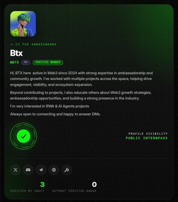 A Web3 profile card for 'Btx' (@BTX), a verified member since 2024, highlighting expertise in ambassadorship, community growth, and interest in RWA & AI Agents projects.