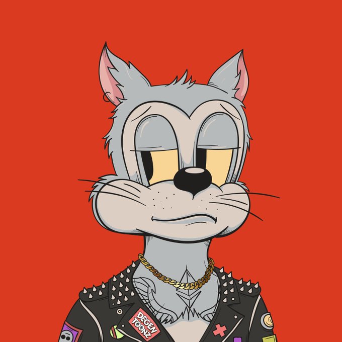 A cartoon cat character with gray fur, wearing a spiked black leather jacket and a gold chain, is depicted against a bright red background. A patch on the jacket reads 'DEGEN TONE'.