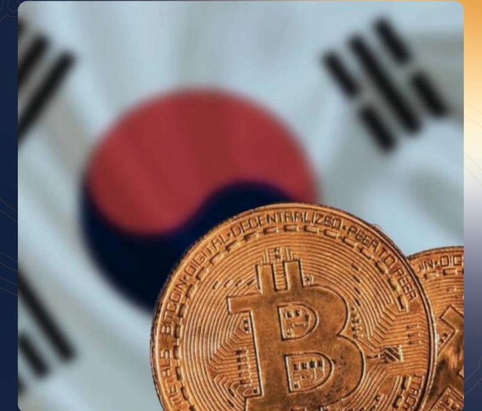Two Bitcoin physical coins in the foreground with a blurred South Korean flag in the background.