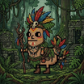 A pixel-art jungle scene shows a small cartoon tribal character wearing a feathered headdress, holding a staff and a decorated creature or shield in front of a large tree.