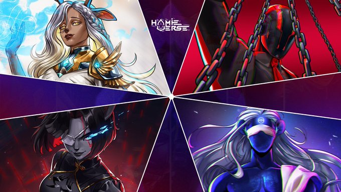 A promotional graphic for 'Hamiverse' featuring four stylized character illustrations arranged in a starburst pattern with a blue/gold female warrior, a dark masked figure, a glowing-eyed character, and a blue/white masked figure.