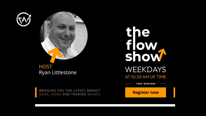 Promotional banner for 'The Flow Show' webinar hosted by Ryan Littlestone, airing weekdays at 10:30 AM UK Time, featuring his photo and an Iam (The Forex Trading Room) logo.