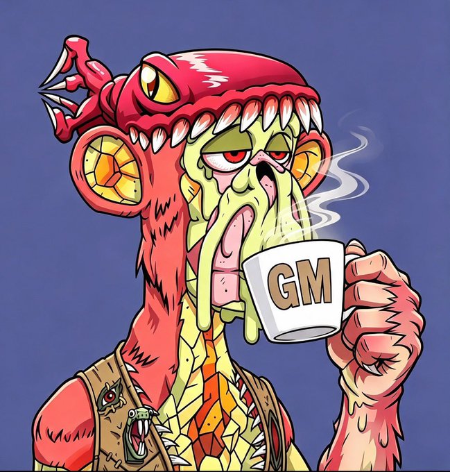 A vibrant cartoon illustration of a red and yellow monstrous creature with multiple eyes and tentacles drinking from a white mug labeled 'GM'.