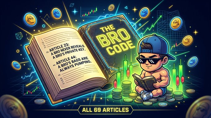 A cartoon illustration featuring a muscular character wearing pixelated sunglasses reading a book titled "THE BRO CODE," displaying visible text including "ARTICLE 23: A BRO NEVER REVEALS A BRO'S PRIVATE KEY" and "ARTICLE 44: A BRO'S BAGS ARE ALWAYS PUMPING," with a banner reading "ALL 69 ARTICLES."
