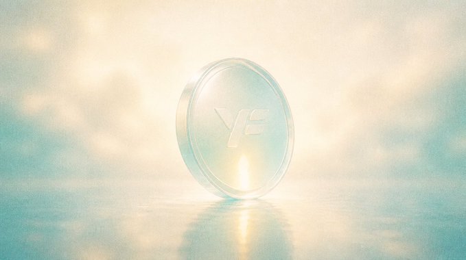 A minimalist, dreamlike image showing a translucent circular disc with the letters 'YF' floating in a soft, cloudy pastel sky above a reflective surface.