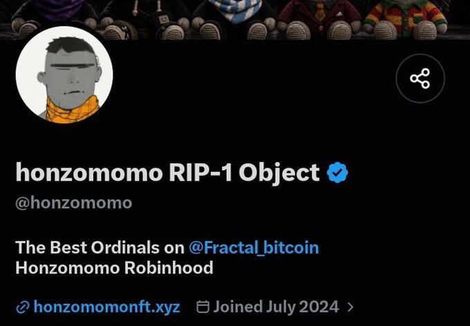 A Twitter/X profile for "honzomomo RIP-1 Object" (@honzomomo) displays the handle "@Fractal_bitcoin" in its bio alongside "The Best Ordinals on" and "Honzomomo Robinhood," with the post context suggesting concern about a "RIP5-1 object" potentially being rugged.
