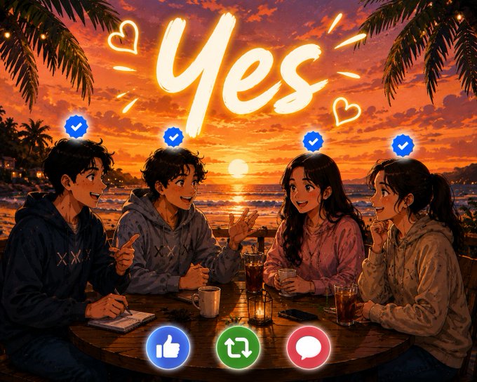 Anime-style illustration of four friends at a beachside table during sunset with drinks, overlaid with neon 'Yes' text, heart icons, blue verification checkmarks, and social media like/refresh/comment buttons.