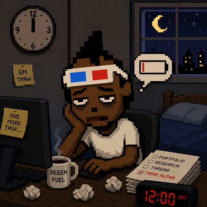 A pixel art illustration of a tired-looking person at a computer at midnight, wearing 3D glasses, with a 'DEGEN FUEL' mug, a low battery icon, sticky notes reading 'GM TMRW' and 'ONE MORE TASK...', and a checklist with 'MORE ALPHA' checked off.