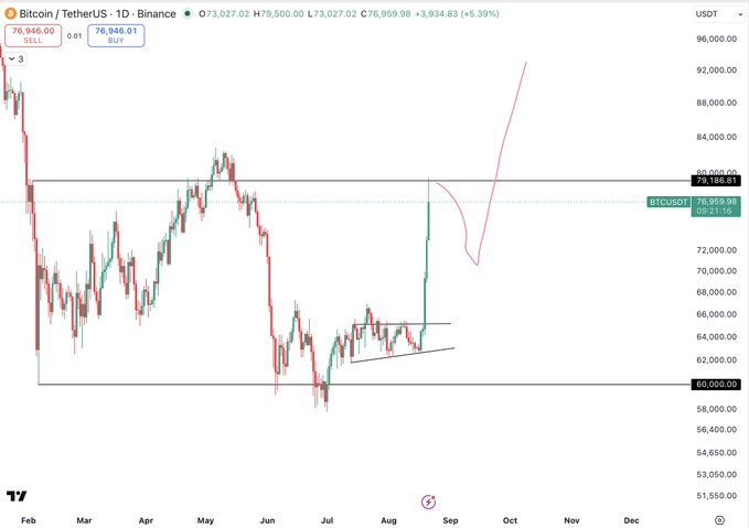 A TradingView chart of Bitcoin/TetherUS (BTCUSDT) on the daily timeframe shows price currently at $73,027, having recently rallied sharply from a consolidation range near $62,000–$68,000 and breaking toward the $80,000 resistance level. The pink hand-drawn arrow illustrates the analyst's bullish projection of a minor dip followed by a breakout to new all-time highs, matching the post's call for a flush of bulls before a continuation toward new ATHs.