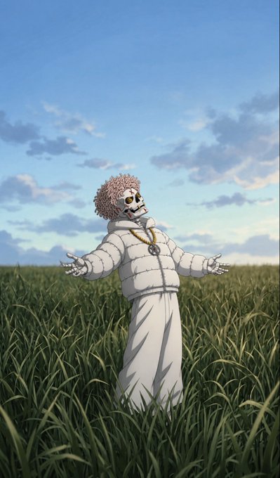 An anime-style illustration of a skeleton-like figure with curly hair wearing a white puffer jacket and gold medallion, standing with arms outstretched in a grassy field under a cloudy blue sky.