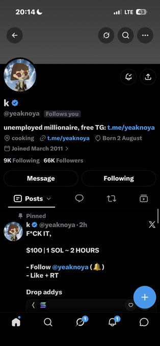 A screenshot of a Twitter/X profile for user "k" (@yeaknoya), described as an "unemployed millionaire, free TG", showing a pinned post offering $100 or 1 SOL for follows, likes, and retweets.