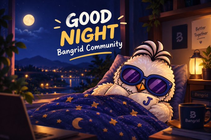 A digital illustration features a fluffy white owl wearing purple sunglasses tucked into a starry blue blanket, with the text 'GOOD NIGHT Bangrid Community' displayed above it in a cozy night setting.