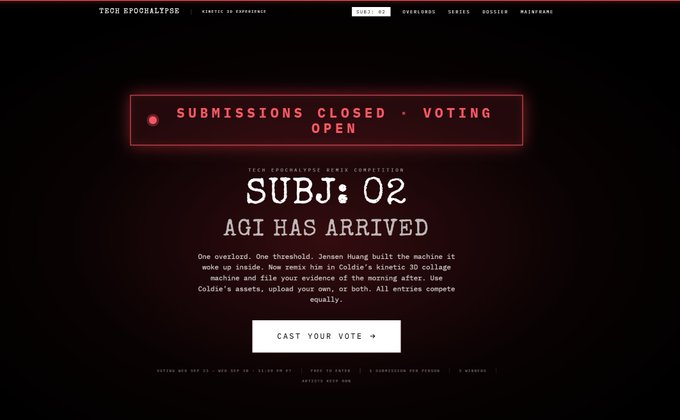 A webpage from Iron Apocalypso displays 'SUBMISSIONS CLOSED · VOTING OPEN' and promotes 'SUBJ: 02 AGI HAS ARRIVED', a Zer0 Submission Zenith featuring an AI 3D collage, with a 'CAST YOUR VOTE' button.