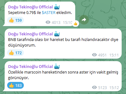 Telegram messages from "Doğu Tekinoğlu Official" announce adding SASTER to the portfolio at a Sepetime price of 0.79$, predicting BNB-based movements will boost Aster following the marscoin rally.