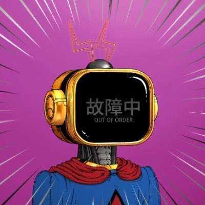 A stylized digital illustration of a robot character with a TV for a head displaying 'OUT OF ORDER' and '故障中' against a purple background.