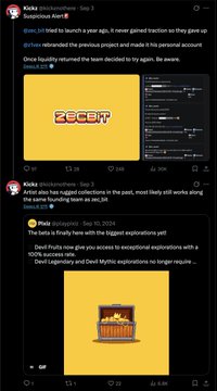 Screenshot of Twitter posts discussing ZOOBA NFT and Pixie (@0xPixie) giveaway collections, mentioning rug pulls and access to exceptional explorations.