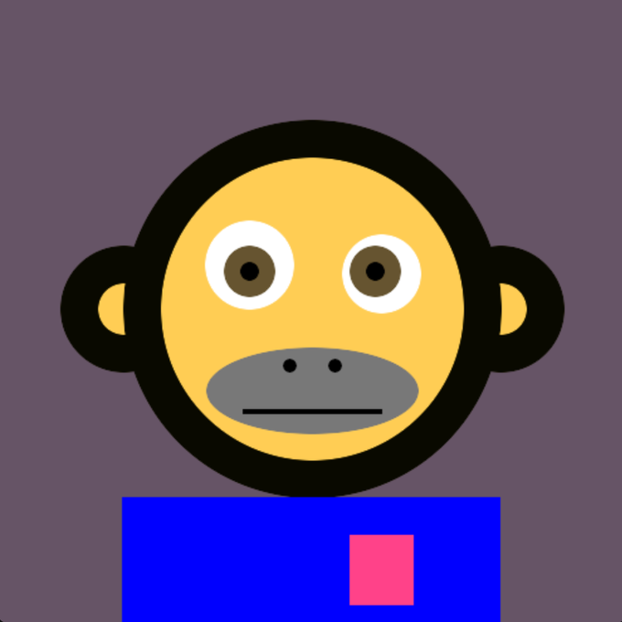 A simple cartoon drawing of a yellow-faced monkey character with a blue shirt.