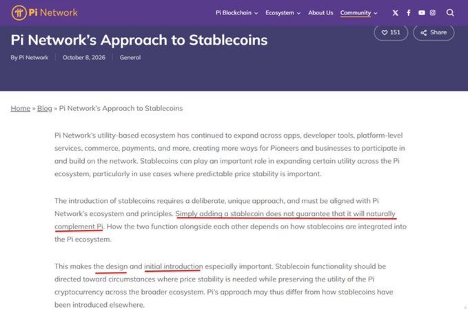 A blog post from Pi Network (dated October 8, 2026) titled "Pi Network's Approach to Stablecoins," featuring an excerpt with the key phrase "Simply adding a stablecoin does not guarantee that it will naturally complement Pi" highlighted in red, supporting the post's discussion about the challenges and considerations of integrating stablecoins into the Pi ecosystem.