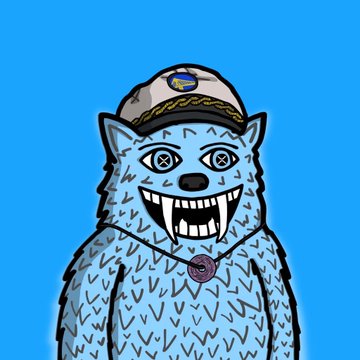 A cartoon blue fuzzy monster with a wide toothy grin wears a gray captain's hat and a Bitcoin pendant necklace against a bright blue background, rallying the "FUZZY BLUE CREW."