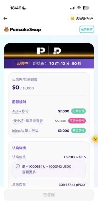 A PancakeSwap mobile screenshot showing a $0/$5,000 subscription for a token offering, with allocation rules based on Alpha Points, 'An Xiao Wu' badge holders, and bStocks chain level, priced at 1 pPOLY ≈ $1.5.