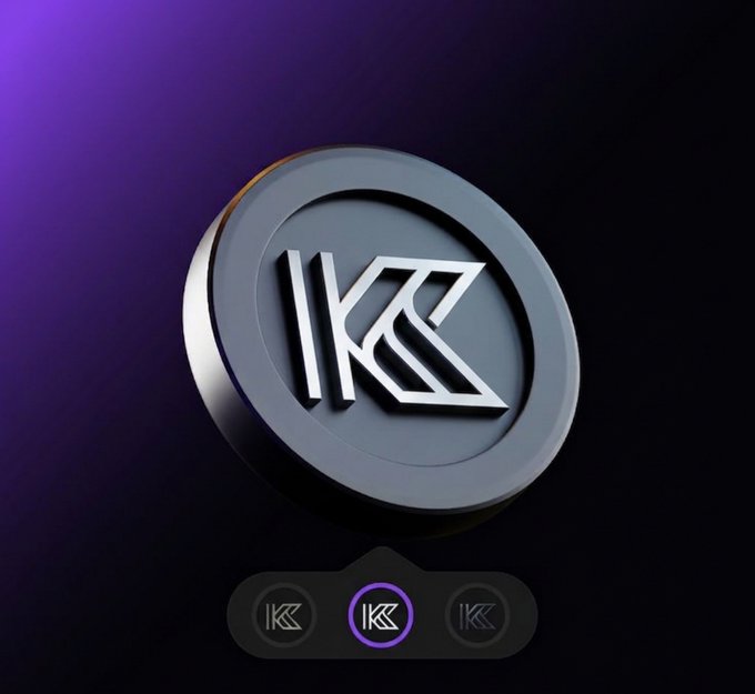 A 3D rendering displays a metallic circular token or coin featuring a stylized 'K' logo, floating above three circular icons with the same logo on a dark purple gradient background.