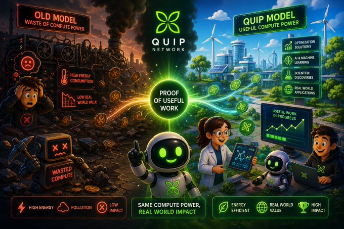 An infographic contrasting an 'OLD MODEL' of wasted compute power with the 'QUIP MODEL' of useful compute power, highlighting features like AI & machine learning and scientific discoveries, with labels such as 'PROOF OF USEFUL WORK,' 'HIGH ENERGY,' and 'REAL WORLD VALUE.'