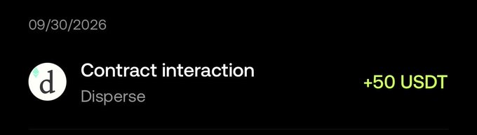 A screenshot displays a dated transaction (09/30/2026) showing a "Contract interaction" with "Disperse" for +50 USDT, supporting the post's claim of waking up "$50 richer" from content creation with their crypto community.