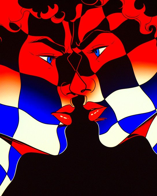A stylized red and blue illustration of a face with intense blue eyes, set against a checkered pattern background.