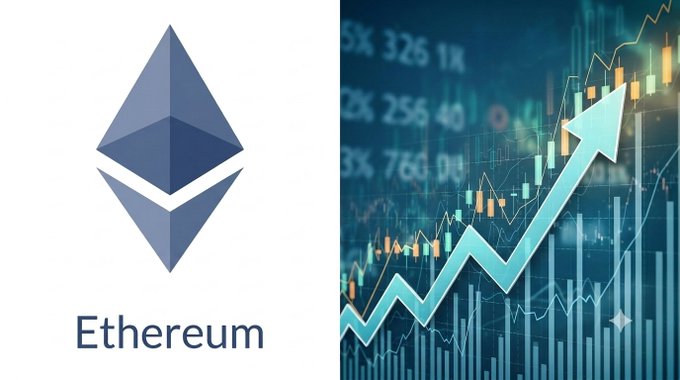 The Ethereum cryptocurrency logo on the left paired with a stock market chart graphic on the right showing an upward trending blue arrow over green and orange candlestick patterns.