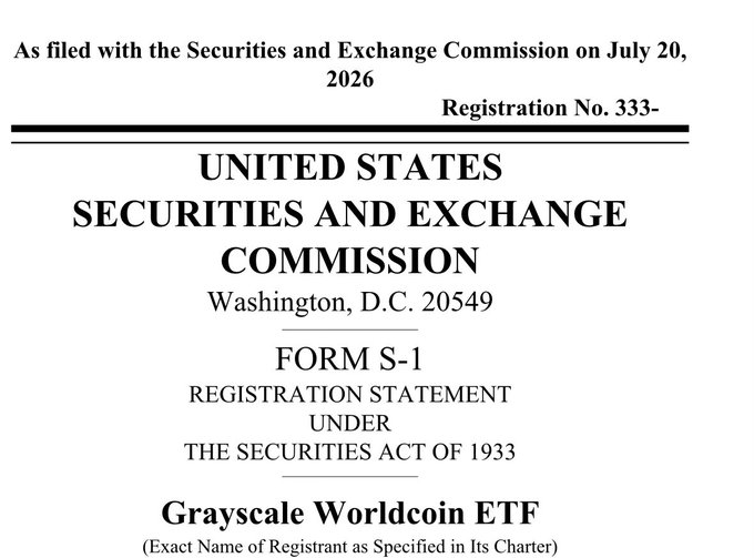 The image shows the cover page of a Form S-1 Registration Statement filed with the SEC on July 20, 2026, for the **Grayscale Worldcoin ETF** (Registration No. 333-), related to the $WLD token that powers the World ID "proof of human" network mentioned in the post.