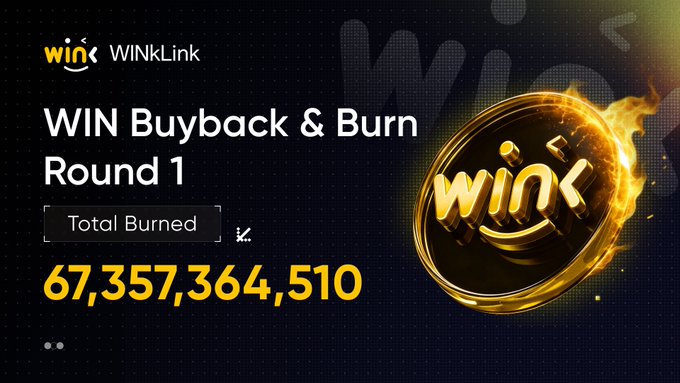 A promotional graphic for 'WINkLink' displays 'WIN Buyback & Burn Round 1' with a 'Total Burned' amount of '67,357,364,510' next to a glowing gold WIN coin.