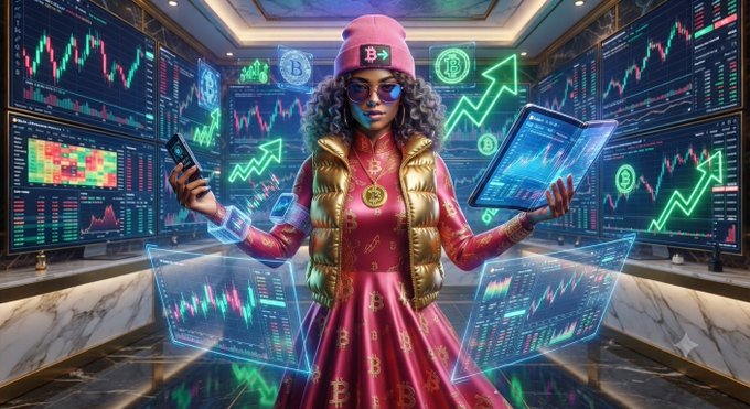 A trader wearing a Bitcoin-themed beanie and outfit stands confidently in a high-tech trading room, holding a smartphone and tablet while surrounded by glowing stock charts, candlestick patterns, and upward green trend arrows. The image visually reinforces the post's message about discipline, patience, and consistency—embodying the steady, data-driven mindset required to navigate the markets with Bitcoin symbols emphasizing the crypto trading context.