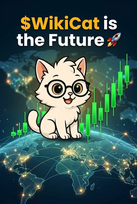 A promotional graphic reading '$WikiCat is the Future' featuring a cartoon white cat with glasses sitting in front of a green candlestick chart rising over a globe.
