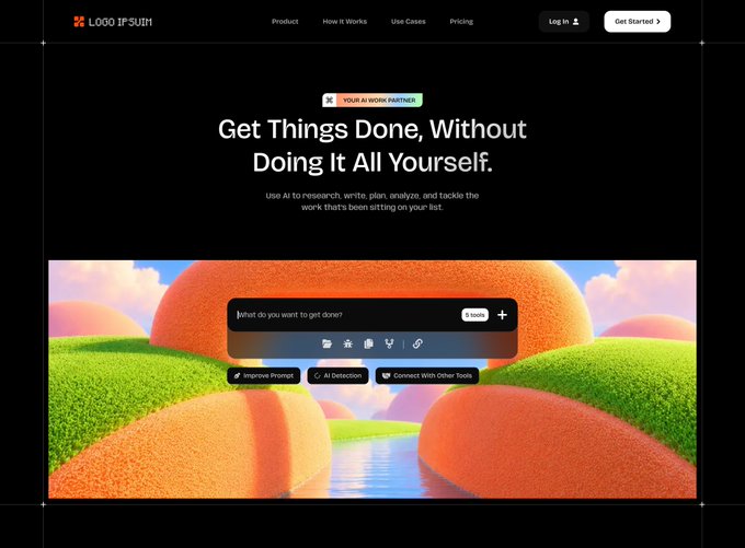 A website landing page for 'LOGO IPSUM' displays the headline 'Get Things Done, Without Doing It All Yourself,' featuring a search bar interface set against an orange and green 3D landscape.