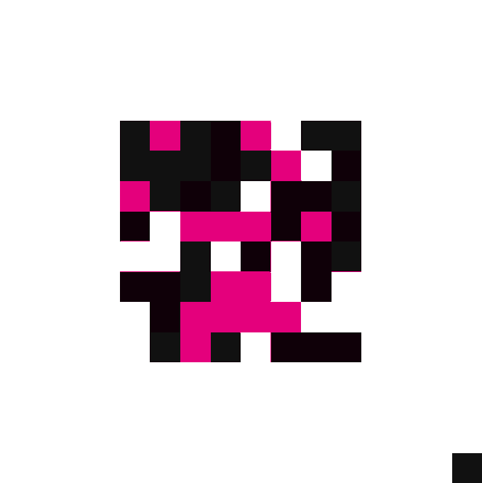 A pixelated black and magenta logo/sprite resembling a stylized character or skull design on a white background.