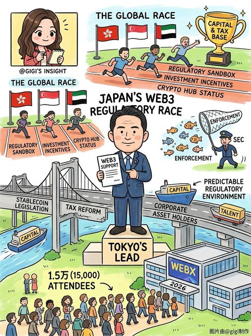 An illustrated infographic titled 'Japan's Web3 Regulatory Race' by @Gigi's Insight, depicting runners competing in 'The Global Race' for a 'Capital & Tax Base' trophy, with imagery about stablecoin legislation, tax reform, corporate asset holders, and 15,000 attendees at a 2026 WebX event.