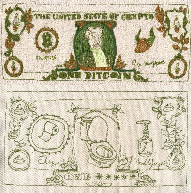 A hand-drawn and embroidered 'One Bitcoin' banknote design parodying US currency, featuring toilet-themed artwork including a toilet, plunger, soap, and poop emojis, with text 'THE UNITED STATE OF CRYPTO', 'BIG 109346', and 'ONE BITCOIN'.