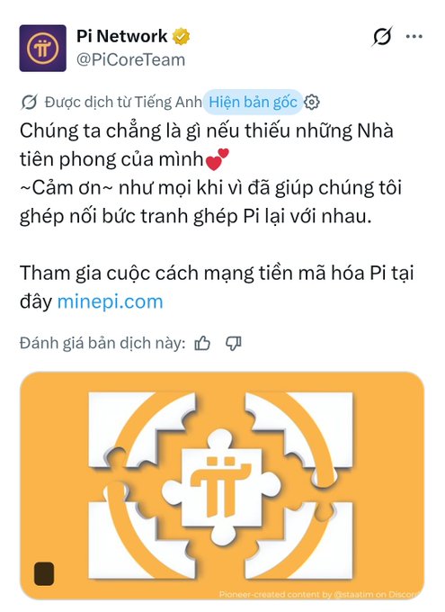 A Vietnamese-translated tweet from the official Pi Network account (@PiCoreTeam) thanks Pioneers for "helping us piece the Pi puzzle together," accompanied by an orange graphic showing four puzzle pieces with the Pi logo in the center, illustrating the post's theme of community members being a crucial part of the larger Pi Network puzzle.