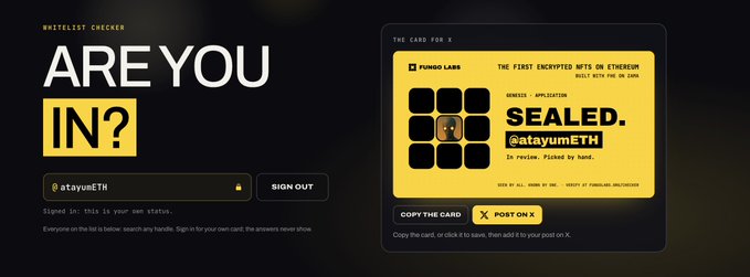 A website screenshot titled 'WHITELIST CHECKER' asking 'ARE YOU IN?' with a sign-in field for @atayueETH, alongside a display of a gold 'SEALED.' NFT membership card from Punko Labs featuring a QR code.