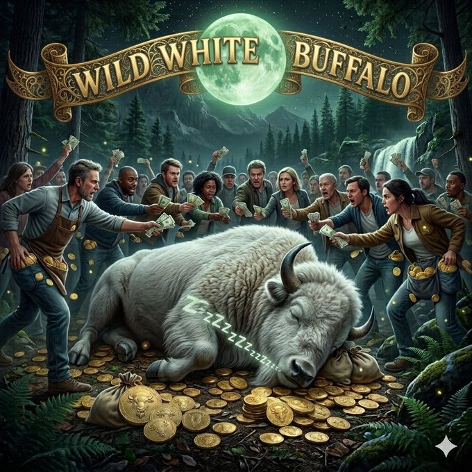 A digital illustration titled 'WILD WHITE BUFFALO' showing a sleeping white buffalo lying on gold coins with a money bag, surrounded by a crowd of people holding cash under a full moon in a forest.
